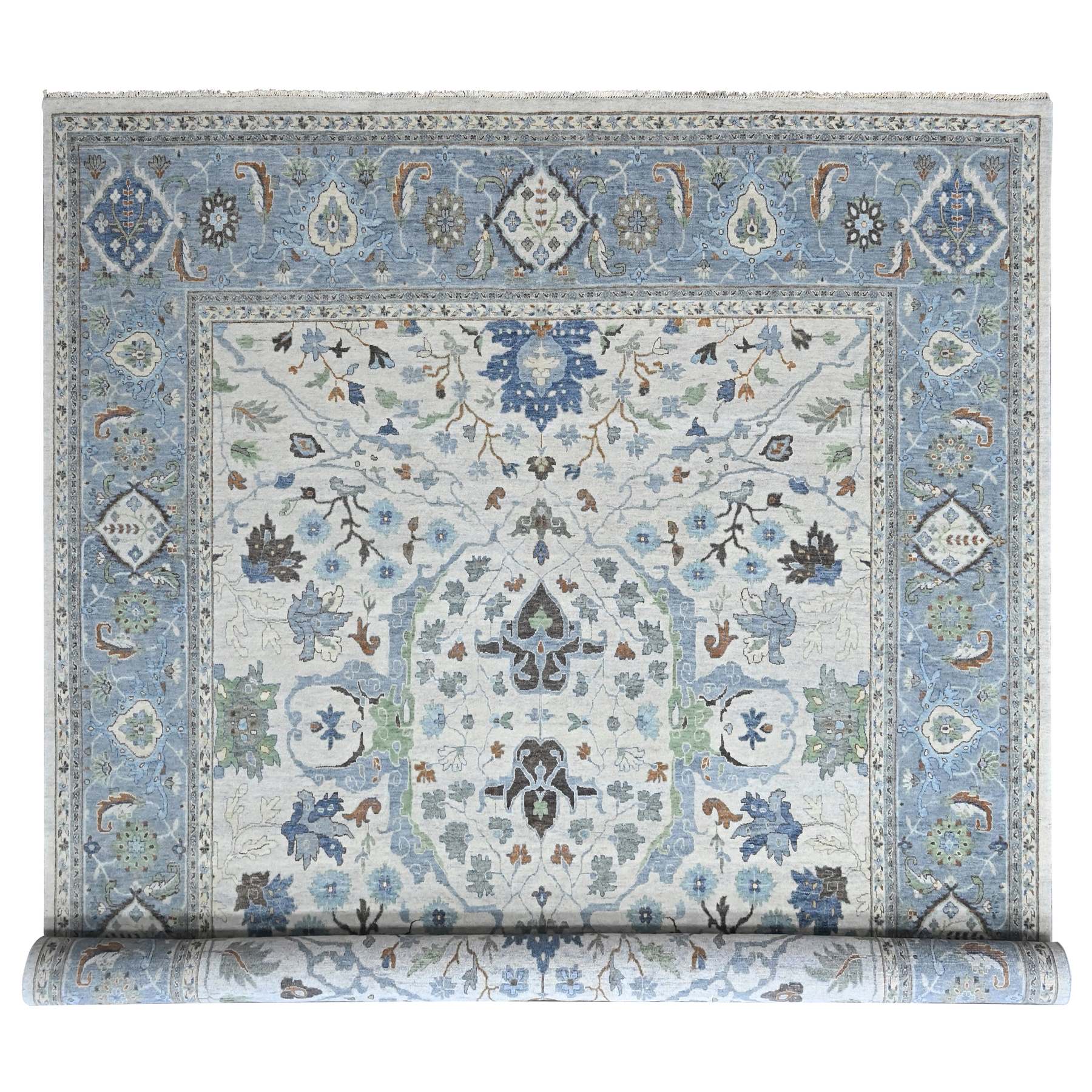 12'x12' Oyster Gray, Oushak with Floral Motifs, Hand Knotted, Pure Wool, Soft Pile, Denser Weave, Square, Oriental Rug 
